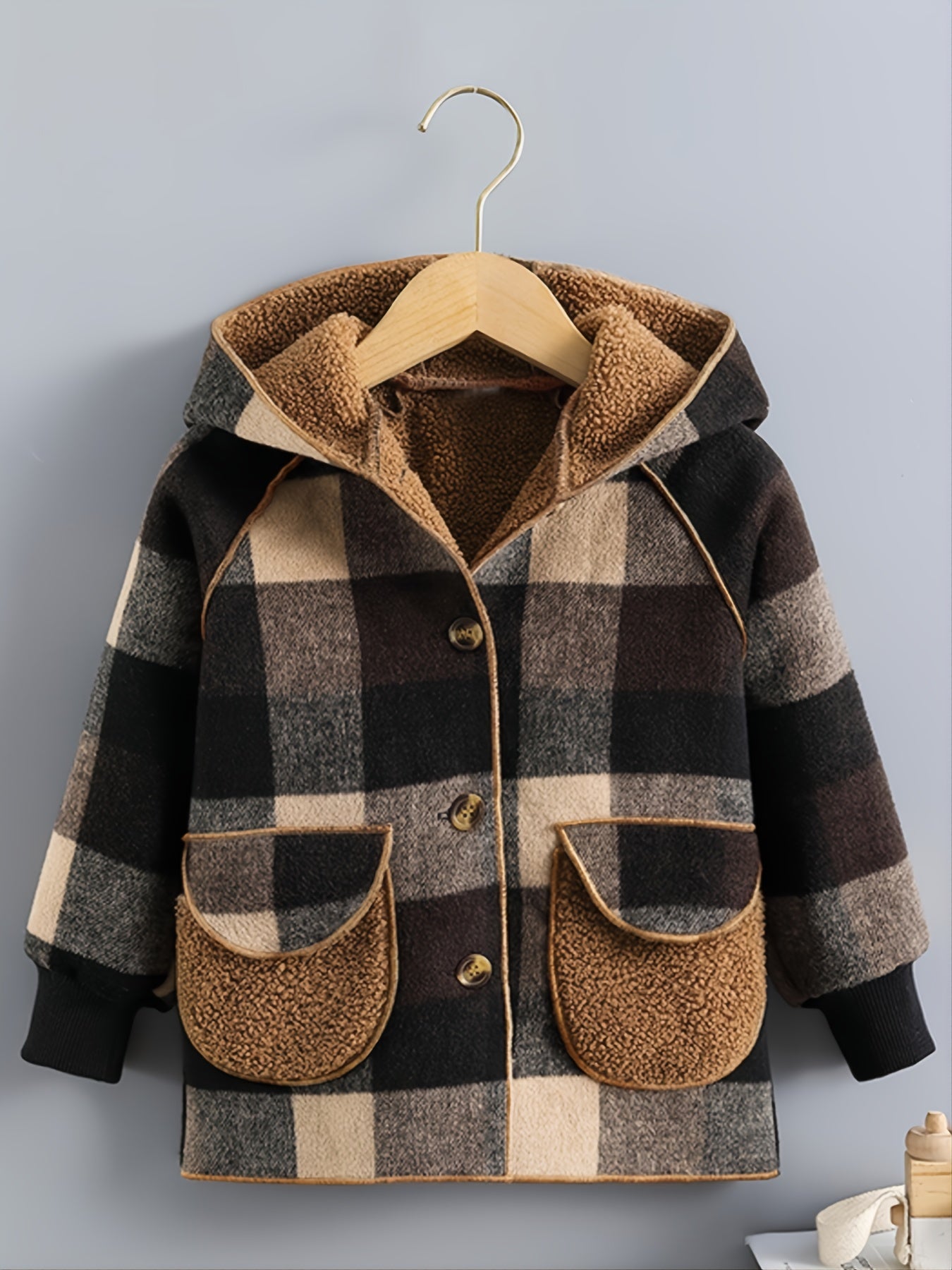 Boys Long Sleeve Plaid Fleece-Lined Jacket with Button Front & Pockets
