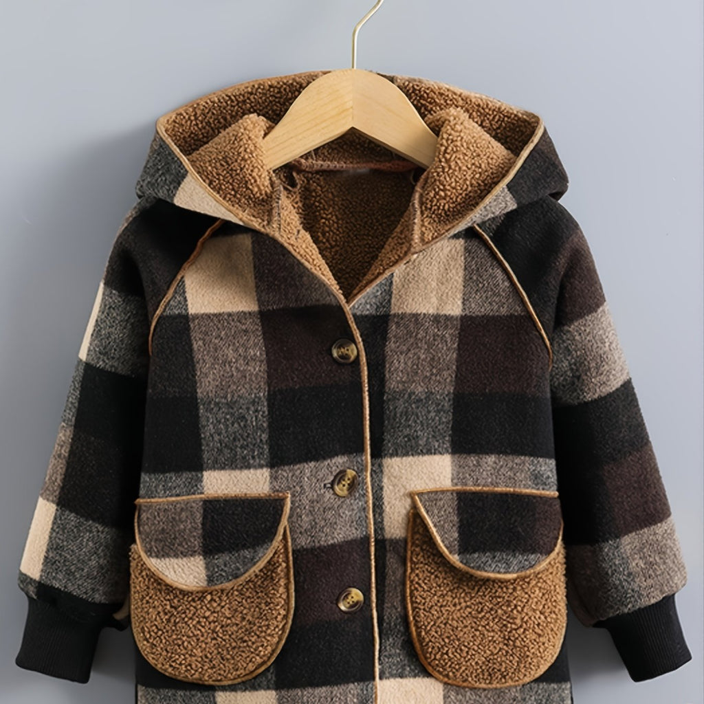 Boys Long Sleeve Plaid Fleece-Lined Jacket with Button Front & Pockets