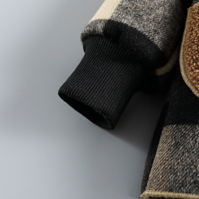 Boys Long Sleeve Plaid Fleece-Lined Jacket with Button Front & Pockets