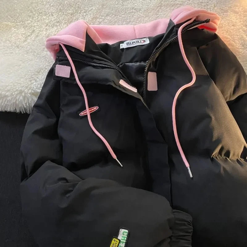 Oversize Letter Embroidered Hooded Cotton Jacket