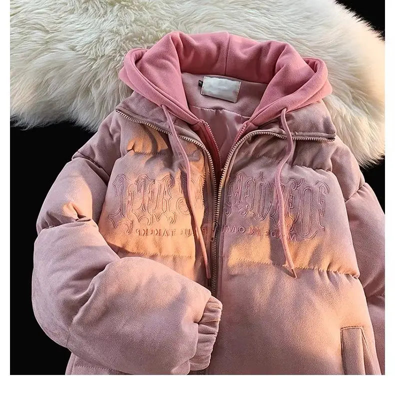 Oversize Letter Embroidered Hooded Cotton Jacket