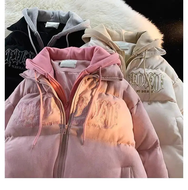 Oversize Letter Embroidered Hooded Cotton Jacket