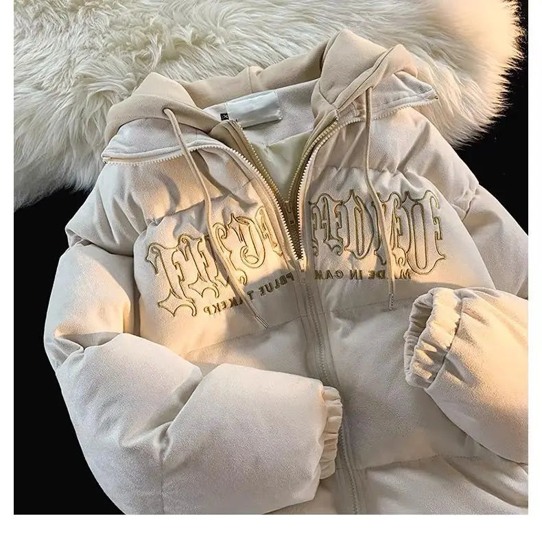 Oversize Letter Embroidered Hooded Cotton Jacket