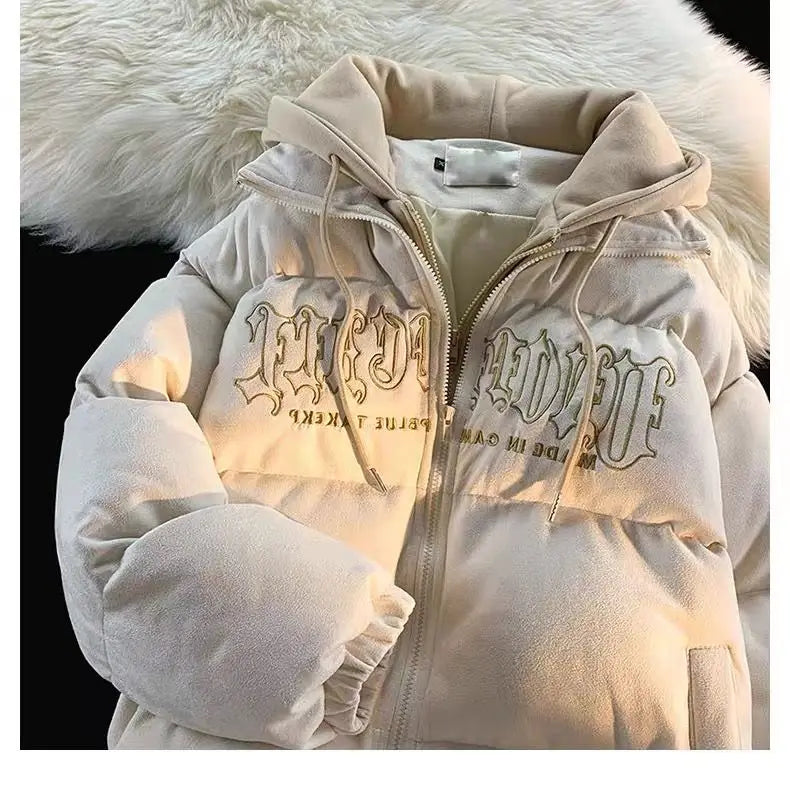 Oversize Letter Embroidered Hooded Cotton Jacket