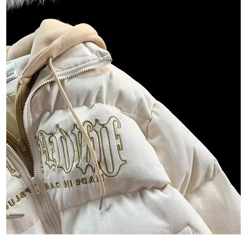 Oversize Letter Embroidered Hooded Cotton Jacket