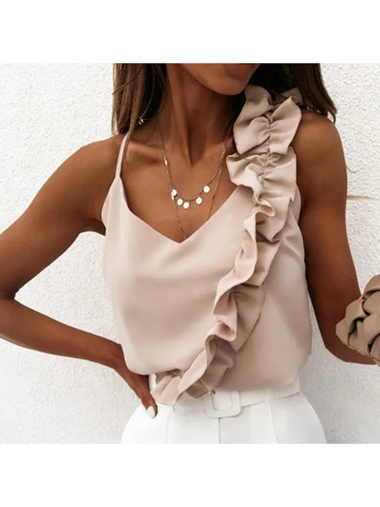 Women Summer Blouse Shirts Sexy V Neck Ruffle Blouses