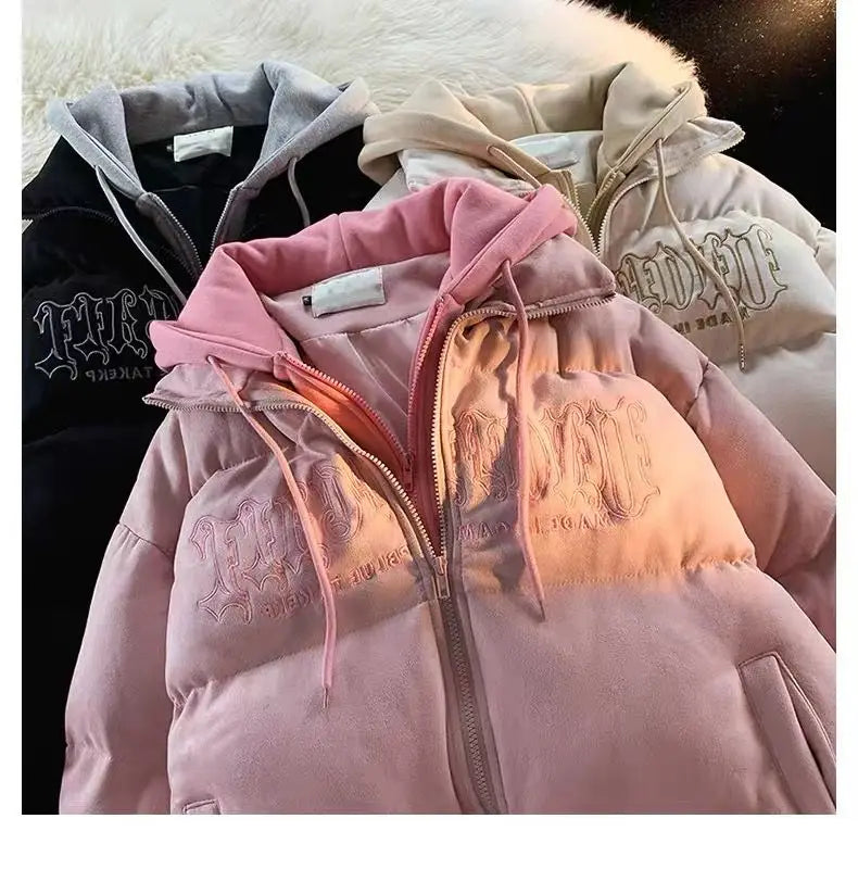 Oversize Letter Embroidered Hooded Cotton Jacket