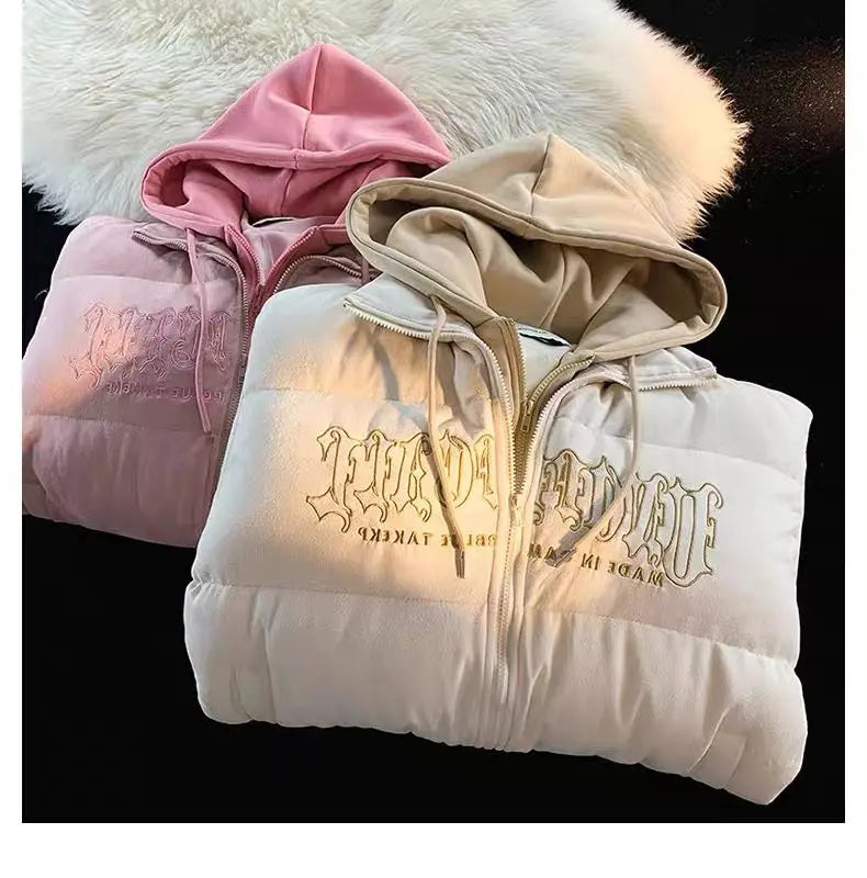 Oversize Letter Embroidered Hooded Cotton Jacket