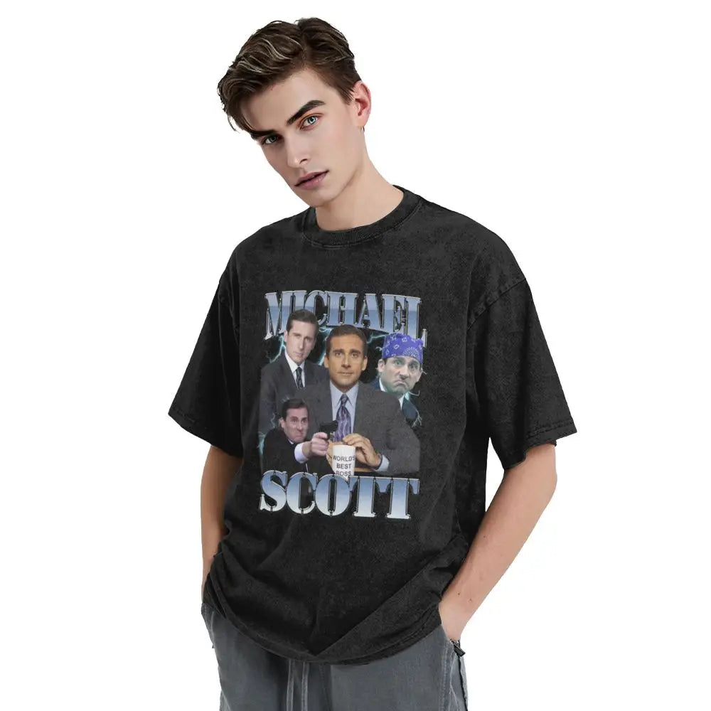 Michael Scott 90s Washed T Shirts Streetwear Hip Hop Fashion T-Shirts