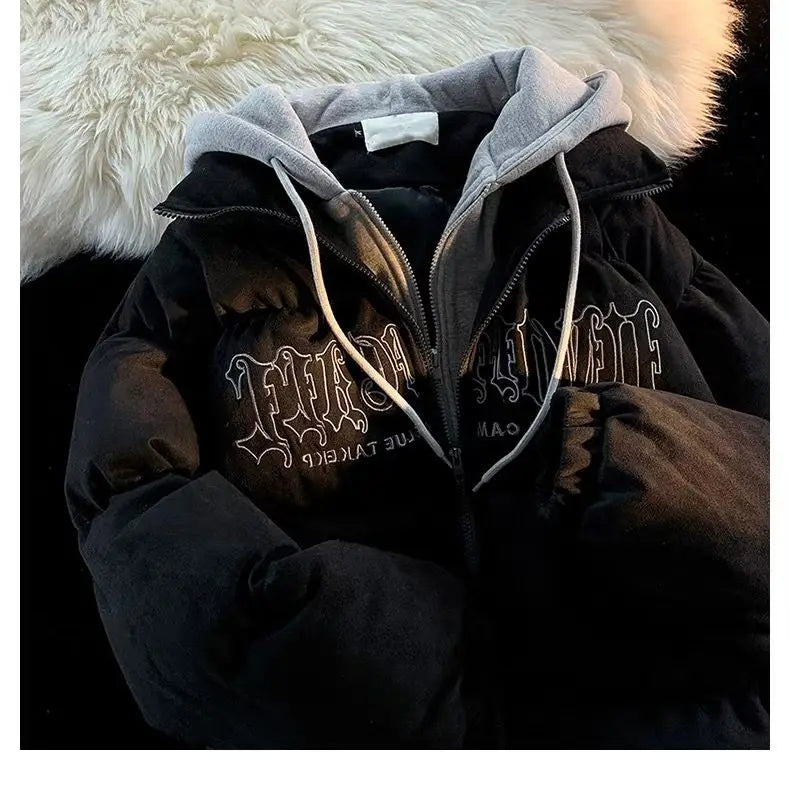 Oversize Letter Embroidered Hooded Cotton Jacket