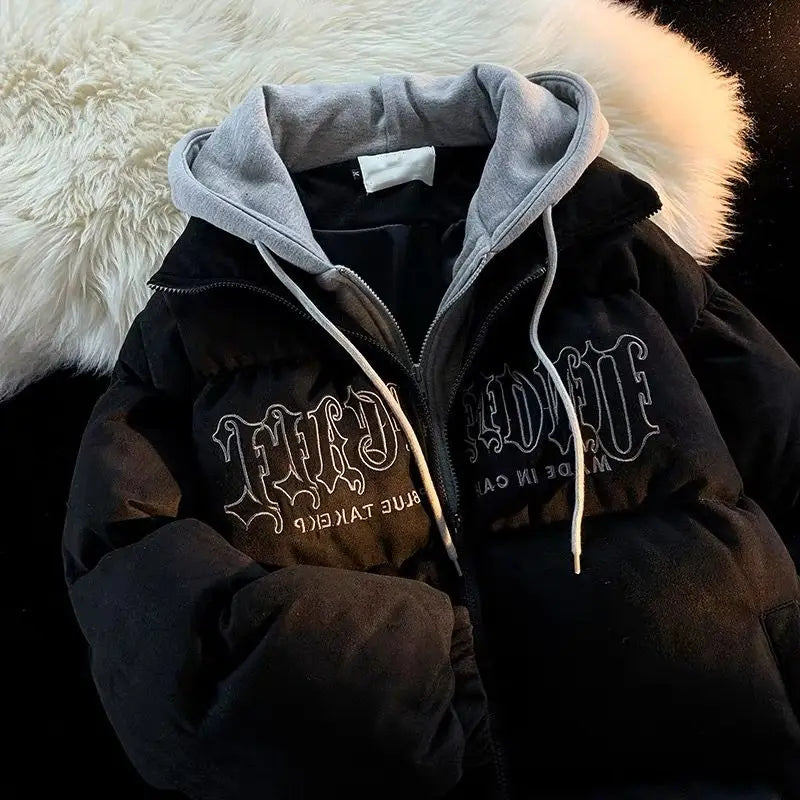 Oversize Letter Embroidered Hooded Cotton Jacket