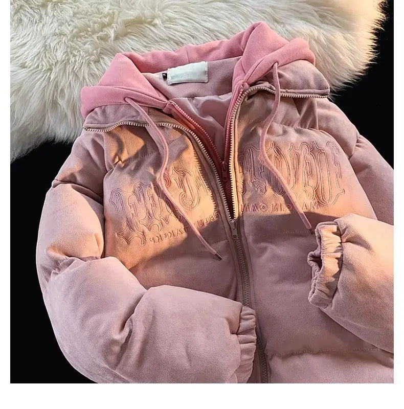 Oversize Letter Embroidered Hooded Cotton Jacket