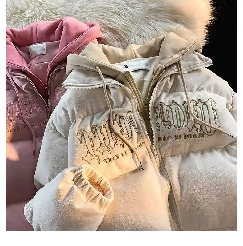 Oversize Letter Embroidered Hooded Cotton Jacket