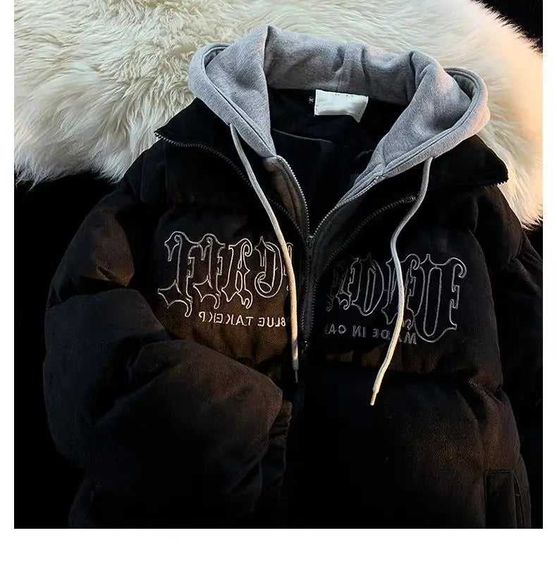 Oversize Letter Embroidered Hooded Cotton Jacket