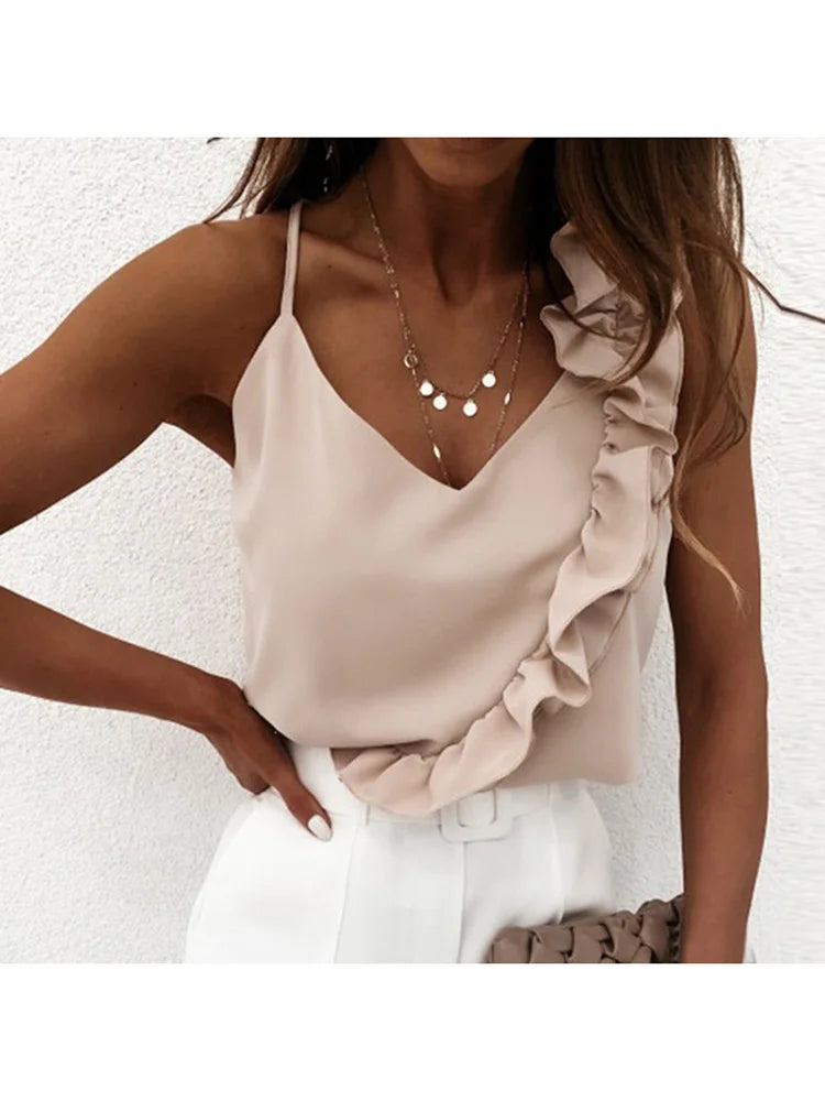 Women Summer Blouse Shirts Sexy V Neck Ruffle Blouses