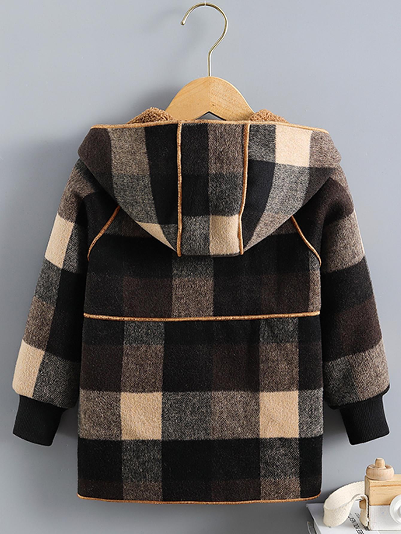 Boys Long Sleeve Plaid Fleece-Lined Jacket with Button Front & Pockets